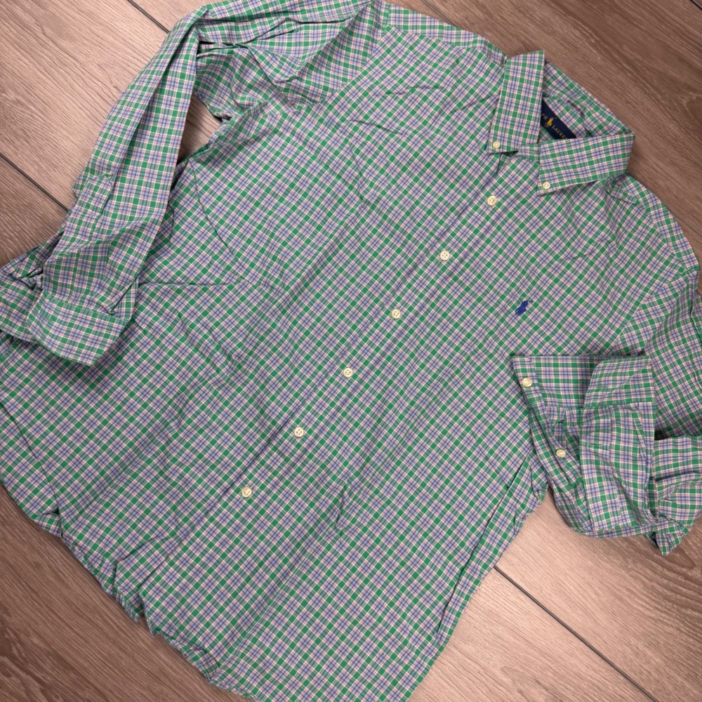 Ralph Lauren Men Button Down Shirt Plaid Green Blue Large